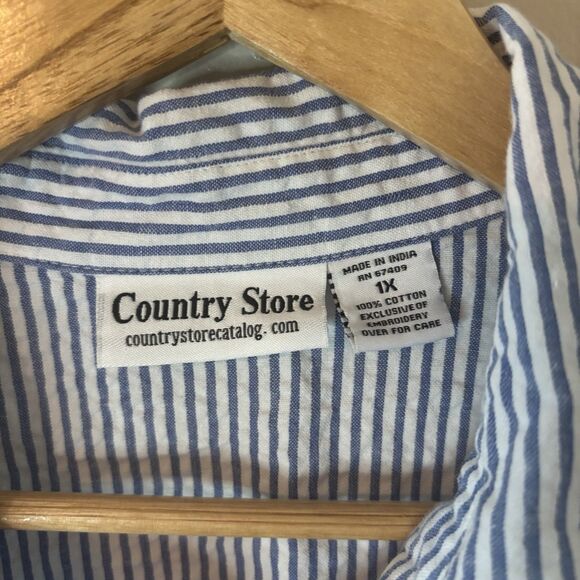 Country Store Seersucker Top Blue Pinstripe Embroidered Daisies Sz 1X - Picture 3 of 7
